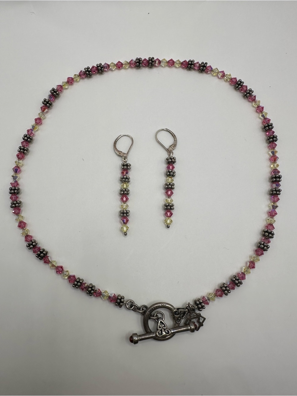 925 Sterling Silver Pink Yellow Crystal Beaded Necklace Earrings Set